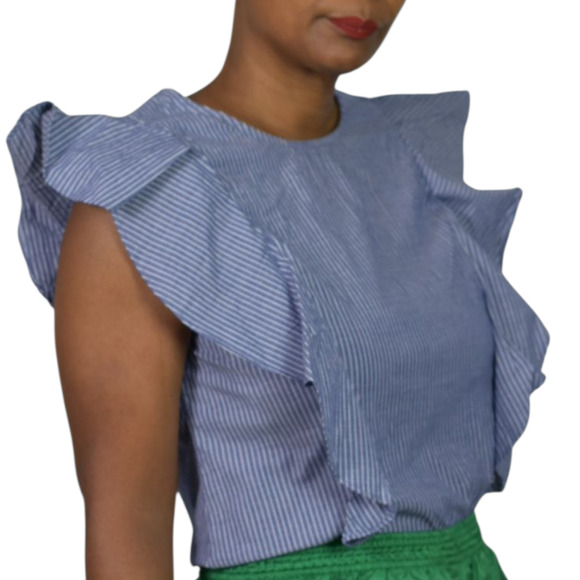 Guest Editor Flutter Sleeve Top Blue Pinstripe Stripe Cotton Blouse Medium - Picture 10 of 14